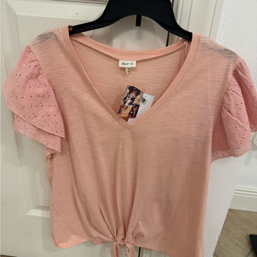 Pink V-Neck Blouse with Eyelet Sleeves